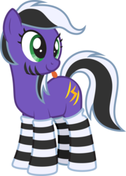 Size: 1724x2395 | Tagged: safe, artist:lightning stripe, derpibooru exclusive, oc, oc only, oc:lightning stripe, earth pony, pony, 2019 community collab, derpibooru community collaboration, g4, :p, black and white mane, clothes, cross-eyed, eyelashes, female, green eyes, mare, purple, show accurate, silly, simple background, socks, solo, striped socks, stripes, tongue out, transparent background, two toned mane