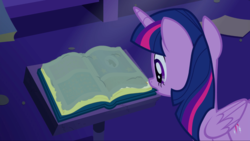 Size: 1440x811 | Tagged: safe, screencap, twilight sparkle, alicorn, pony, amending fences, g4, book, dust, female, mare, open book, predictions and prophecies, solo, twilight sparkle (alicorn), twilight's canterlot home