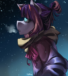 Size: 2992x3307 | Tagged: safe, artist:hattikey, oc, oc only, oc:luminous tempo, anthro, bow, bowtie, breath, clothes, cold, commission, female, green eyes, hair bun, high res, looking offscreen, mare, purple, scarf, snow, solo, winter