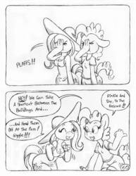 Size: 849x1100 | Tagged: safe, artist:circe, fluttershy, pinkie pie, anthro, unguligrade anthro, comic:soreloser, black and white, clothes, dress, facepalm, grayscale, monochrome, sundress, traditional art