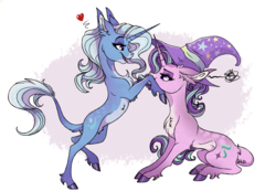 Size: 2857x1976 | Tagged: safe, artist:marbola, starlight glimmer, trixie, classical unicorn, pony, unicorn, :t, accessory swap, bipedal, butt fluff, cheek fluff, chest fluff, clothes, cloven hooves, colored hooves, cute, ear fluff, engrish, eye contact, eyeshadow, featured image, female, floppy ears, fluffy, hat, heart, leg fluff, leonine tail, lesbian, lidded eyes, looking at each other, makeup, mare, open mouth, pale belly, profile, pubic fluff, raised leg, shipping, simple background, sitting, smiling, squishy cheeks, startrix, tail fluff, trixie's hat, unamused, unshorn fetlocks, white background