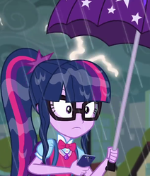 Size: 605x712 | Tagged: safe, screencap, sci-twi, twilight sparkle, eqg summertime shorts, equestria girls, g4, monday blues, cellphone, clothes, cropped, female, geode of telekinesis, glasses, lightning, magical geodes, phone, ponytail, rain, smartphone, umbrella, wet hair