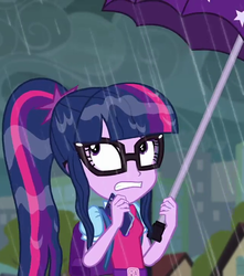 Size: 637x720 | Tagged: safe, screencap, sci-twi, twilight sparkle, eqg summertime shorts, equestria girls, g4, monday blues, cellphone, clothes, cropped, female, glasses, phone, ponytail, rain, smartphone, solo, umbrella, wet hair