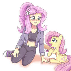 Size: 2952x2952 | Tagged: safe, artist:sumin6301, fluttershy, human, pegasus, pony, equestria girls, g4, adorasexy, belly button, breasts, busty fluttershy, clothes, converse, cute, duo, female, high res, human ponidox, mare, midriff, self ponidox, sexy, shoes, shyabetes, sneakers, sports bra