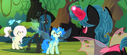 Size: 5036x2178 | Tagged: safe, artist:velveagicsentryyt, queen chrysalis, oc, oc:chrystallis, oc:destiny, changedling, changeling, hybrid, pony, g4, a better ending for chrysalis, clone, interspecies offspring, magic, offspring, parent:discord, parent:fluttershy, parent:queen chrysalis, parents:discoshy, what if