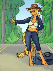 Size: 700x934 | Tagged: safe, artist:adeptus-monitus, applejack, earth pony, anthro, unguligrade anthro, g4, clothes, commission, female, forest, hitchhiking, jacket, jeans, mare, pants, road, solo, tank top, ych result