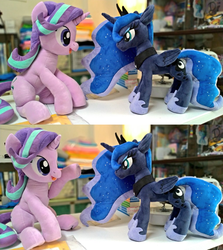 Size: 1024x1148 | Tagged: safe, artist:nekokevin, princess luna, starlight glimmer, alicorn, pony, unicorn, series:nekokevin's glimmy, g4, duo, female, hoof shoes, irl, looking at each other, mare, open mouth, peytral, photo, plushie, raised hoof, regalia, sitting, smiling, table, underhoof, waving