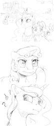Size: 1280x2967 | Tagged: safe, artist:silfoe, gallus, princess luna, sweetie belle, twilight sparkle, alicorn, griffon, pony, unicorn, royal sketchbook, g4, animated, comic, confused, female, filly, gif, grayscale, i'm watching you, lesbian, male, mare, monochrome, question mark, ship:twiluna, shipping, simple background, stare, suspicious, twilight sparkle (alicorn), white background