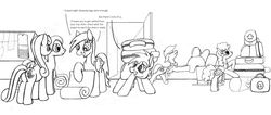 Size: 2409x1017 | Tagged: safe, artist:dsb71013, anchors away, oc, oc:maplejack, oc:night cap, oc:static signal, earth pony, pegasus, pony, g3, g4, background pony, bag, butt, dialogue, female, g3 to g4, generation leap, group, jewelry, lineart, luggage, male, mare, monochrome, necklace, plot, saddle bag, sextet, stallion