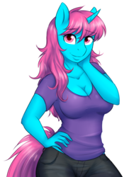 Size: 777x1027 | Tagged: safe, artist:askbubblelee, oc, oc only, unicorn, anthro, anthro oc, breasts, cleavage, clothes, female, hand on hip, mare, shirt, simple background, smiling, solo, transparent background