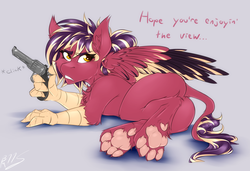 Size: 4972x3395 | Tagged: safe, artist:drizziedoodles, oc, oc only, oc:oxide, hippogriff, butt, dialogue, gun, handgun, hippogriff oc, lying down, on side, onomatopoeia, paw pads, paws, plot, revolver, talons, text, threatening, underpaw, weapon, wings, yellow eyes