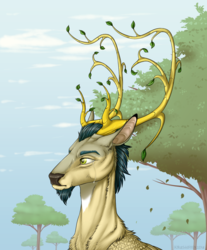 Size: 1200x1452 | Tagged: safe, artist:dementra369, edit, oc, oc only, oc:prince vernalis, deer, eikerren, original species, antlers, branches for antlers, cervine, crying, deer oc, facial hair, forest, goatee, leaves, male, manly tears, non-pony oc, sad, tears of pain, wings