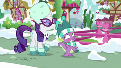 Size: 1280x720 | Tagged: safe, screencap, rarity, spike, dragon, g4, my little pony best gift ever, blushing, clothes, scarf, snow, striped scarf, sunglasses, winged spike, wings, winter outfit