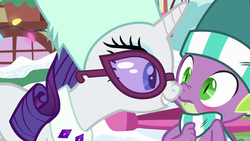 Size: 1280x720 | Tagged: safe, screencap, rarity, spike, dragon, g4, my little pony best gift ever, boop, clothes, scarf, shipping fuel, snow, striped scarf, sunglasses, winged spike, wings, winter outfit