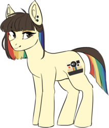 Size: 912x1071 | Tagged: safe, artist:varllai, oc, oc only, oc:polie lightmixer, earth pony, pony, 2019 community collab, derpibooru community collaboration, camera, eyeshadow, female, looking at you, makeup, mare, multicolored hair, piercing, rainbow hair, rainbow tail, simple background, solo, transparent background