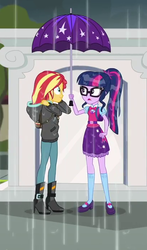 Size: 409x695 | Tagged: safe, screencap, sci-twi, sunset shimmer, twilight sparkle, equestria girls, g4, monday blues, my little pony equestria girls: summertime shorts, boots, clothes, cropped, duo, female, geode of telekinesis, glasses, high heel boots, hoodie, legs, magical geodes, mary janes, pants, ponytail, rain, sci-twi outfits, shipping fuel, shoes, skirt, socks, umbrella, wet hair