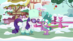 Size: 1280x720 | Tagged: safe, screencap, rarity, spike, dragon, g4, my little pony best gift ever, clothes, scarf, snow, striped scarf, sunglasses, winged spike, wings, winter outfit