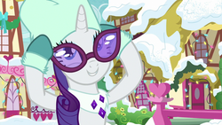 Size: 1280x720 | Tagged: safe, screencap, rarity, pony, unicorn, g4, my little pony best gift ever, clothes, female, gloves, looking up, mare, snow, solo, sunglasses, winter outfit