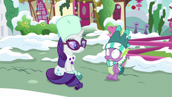 Size: 1280x720 | Tagged: safe, screencap, rarity, spike, dragon, pony, unicorn, g4, my little pony best gift ever, clothes, female, glasses, male, mare, scarf, shrunken pupils, sitting, snow, striped scarf, sunglasses, tail, tailboner, wide eyes, winter outfit