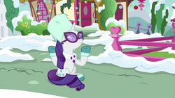 Size: 1280x720 | Tagged: safe, screencap, rarity, pony, unicorn, g4, my little pony best gift ever, clothes, female, mare, shrug, sitting, smiling, snow, solo, sunglasses, winter outfit