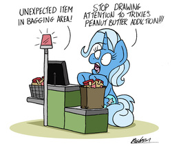 Size: 5011x4244 | Tagged: safe, artist:bobthedalek, trixie, pony, unicorn, g4, absurd resolution, addiction, dialogue, discussion in the comments, female, food, funny, groceries, mare, peanut butter, screaming, self-checkout, shopping, shopping bag, simple background, solo, that pony sure loves peanut butter, white background