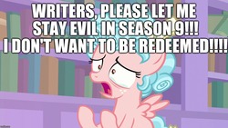 Size: 1280x720 | Tagged: safe, edit, edited screencap, screencap, cozy glow, pegasus, pony, g4, school raze, season 9, what lies beneath, be careful what you wish for, cozy glow's true goal, crying, evil, excessive exclamation marks, female, filly, harsher in hindsight, hilarious in hindsight, image macro, meme, pure concentrated unfiltered evil of the utmost potency, pure unfiltered evil, redemption, text, you will suffer the consequences