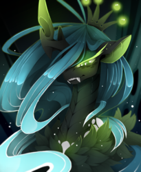 Size: 1767x2160 | Tagged: safe, artist:taiga-blackfield, queen chrysalis, changeling, changeling queen, g4, crown, female, glowing eyes, green eyes, looking at you, regalia, solo