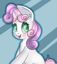 Size: 1332x1484 | Tagged: safe, artist:brok-enwings, sweetie belle, pony, unicorn, g4, blushing, cheek fluff, chest fluff, cute, diasweetes, ear fluff, female, filly, simple background, sitting, smiling, solo
