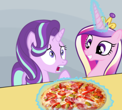 Size: 1280x1158 | Tagged: safe, princess cadance, starlight glimmer, g4, chilli, food, meat, peetzer, pepperoni, pepperoni pizza, pizza, shocked