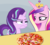 Size: 1280x1158 | Tagged: safe, princess cadance, starlight glimmer, alicorn, pony, unicorn, g4, duo, duo female, female, food, horn, mare, meat, peetzer, pepperoni, pepperoni pizza, pizza, unamused