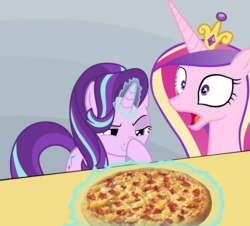 Size: 1280x1158 | Tagged: safe, edit, edited screencap, screencap, princess cadance, starlight glimmer, alicorn, pony, unicorn, totally legit recap, g4, absolutely disgusting, boop, crossing the memes, duo, everything is ruined, female, food, glimmerposting, ham, magic, mare, meat, meme, peetzer, pineapple pizza, pizza, pure unfiltered evil, self-boop, shocked, surprised, that pony sure does love pineapple pizza, wat