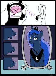 Size: 729x984 | Tagged: safe, artist:bitshift, princess luna, alicorn, pony, g4, brain, comic, female, horn, jewelry, mare, mind control, mirror, open mouth, regalia, solo, tiara, x-ray