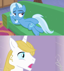 Size: 1200x1330 | Tagged: safe, edit, edited screencap, editor:jdueler11, screencap, prince blueblood, trixie, pony, unicorn, g4, road to friendship, the best night ever, crack shipping, draw me like one of your french girls, female, male, mare, ship:bluetrix, shipping, stallion, straight, surprised blueblood