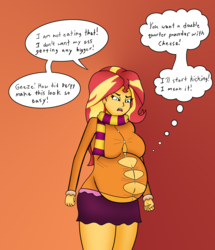 Size: 1856x2157 | Tagged: safe, artist:foxtide888, artist:pacificside18, sunset shimmer, equestria girls, g4, belly, belly button, big belly, clothes, dialogue, female, jacket, orange background, pregnant, pregnant equestria girls, scarf, simple background, skirt, speech bubble, sunset preggers, wardrobe malfunction
