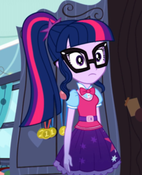 Size: 585x720 | Tagged: safe, screencap, sci-twi, twilight sparkle, equestria girls, g4, leaping off the page, my little pony equestria girls: summertime shorts, :|, belt, blouse, bowtie, clothes, confused, cropped, cutie mark on clothes, frills, glasses, ponytail, rainbow dash's bedroom, skirt, vest