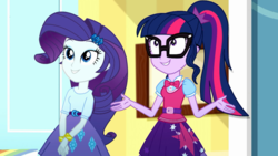 Size: 1280x720 | Tagged: safe, screencap, rarity, sci-twi, twilight sparkle, equestria girls, g4, leaping off the page, my little pony equestria girls: summertime shorts, belt, bowtie, bracelet, clothes, female, glasses, jewelry, ponytail, skirt, smiling, vest