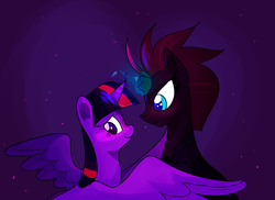 Size: 1800x1310 | Tagged: safe, artist:1racat, tempest shadow, twilight sparkle, alicorn, pony, unicorn, g4, my little pony: the movie, :t, blushing, broken horn, female, horn, lesbian, looking away, magic, mare, ship:tempestlight, shipping, smiling, spread wings, twilight sparkle (alicorn), wings