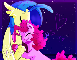 Size: 1800x1400 | Tagged: safe, artist:1racat, pinkie pie, princess skystar, classical hippogriff, earth pony, hippogriff, pony, g4, my little pony: the movie, eyes closed, female, floppy ears, heart, hug, lesbian, mare, ship:skypie, shipping, smiling, unshorn fetlocks
