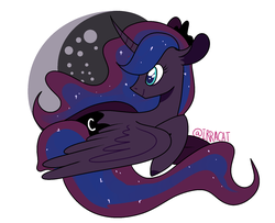 Size: 1600x1300 | Tagged: safe, artist:1racat, princess luna, alicorn, pony, g4, abstract background, curved horn, female, horn, lying down, mare, smiling, solo