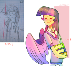 Size: 1783x1600 | Tagged: safe, alternate version, artist:1racat, twilight sparkle, human, g4, before and after, book, comparison, eyes closed, female, humanized, sketch, smiling, solo, winged humanization, wings