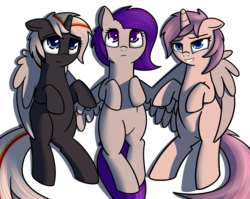 Size: 1962x1561 | Tagged: safe, artist:neuro, oc, oc only, oc:glimmerlight, oc:morning glory (project horizons), oc:velvet remedy, pegasus, pony, unicorn, fallout equestria, fallout equestria: murky number seven, fallout equestria: project horizons, cute, fanfic, fanfic art, female, grin, hooves, horn, hug, lying down, mare, on back, simple background, smiling, transparent background, winghug, wings