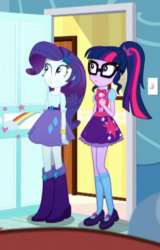 Size: 326x510 | Tagged: safe, screencap, rarity, sci-twi, twilight sparkle, equestria girls, g4, leaping off the page, my little pony equestria girls: summertime shorts, boots, clothes, cropped, female, glasses, mary janes, ponytail, rainbow dash's bedroom, rainbow dash's house, shoes, skirt