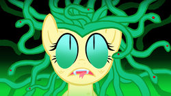 Size: 1024x574 | Tagged: safe, artist:robipony, fluttershy, gorgon, snake, g4, fangs, gorgon pony, gorgony, looking up, medusashy, open mouth, snake hair, tongue out