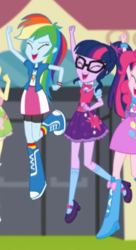 Size: 276x507 | Tagged: safe, screencap, fluttershy, pinkie pie, rainbow dash, sci-twi, twilight sparkle, equestria girls, g4, get the show on the road, my little pony equestria girls: summertime shorts, boots, clothes, compression shorts, cropped, female, geode of super speed, geode of telekinesis, legs, magical geodes, mary janes, offscreen character, ponytail, sci-twi outfits, shoes, shorts, skirt, smiling
