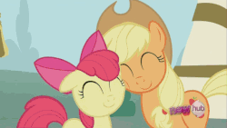 Size: 660x371 | Tagged: safe, screencap, apple bloom, applejack, earth pony, pony, g4, ponyville confidential, adorabloom, animated, c:, cute, eyes closed, female, floppy ears, gif, hnnng, hub logo, jackabetes, mare, nuzzling, sisters, smiling, squishy cheeks