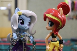 Size: 6000x4000 | Tagged: safe, artist:artofmagicpoland, sunset shimmer, trixie, equestria girls, g4, :i, beach theme, doll, equestria girls minis, female, jewelry, lesbian, op has tried and failed, ponied up, realistic hand position, ship:suntrix, shipping, stealing, toy