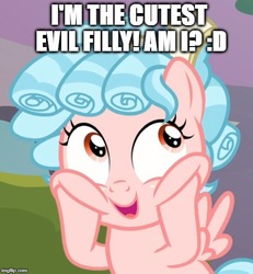 Size: 500x541 | Tagged: safe, artist:nukarulesthehouse1, edit, edited screencap, screencap, cozy glow, pony, g4, school raze, caption, chubby cheeks, cozy glow is best facemaker, cozybetes, curly hair, cute, female, filly, foal, funny, image macro, meme, pure concentrated unfiltered evil of the utmost potency, small wings, solo, text