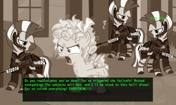 Size: 1922x1157 | Tagged: safe, artist:twiface, edit, edited screencap, screencap, cozy glow, pegasus, pony, zebra, g4, angry, caption, fallout, fallout 3, female, filly, image macro, meme, text, tranquility lane, zebra rifle