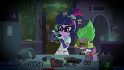 Size: 1920x1080 | Tagged: safe, screencap, sci-twi, spike, spike the regular dog, twilight sparkle, dog, equestria girls, g4, mad twience, my little pony equestria girls: summertime shorts, clothes, cute, lab coat, spikabetes