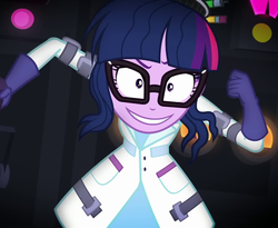 Size: 1307x1072 | Tagged: safe, screencap, sci-twi, twilight sparkle, equestria girls, g4, mad twience, my little pony equestria girls: summertime shorts, >:d, clothes, evil grin, grin, lab coat, mad scientist, smiling, solo